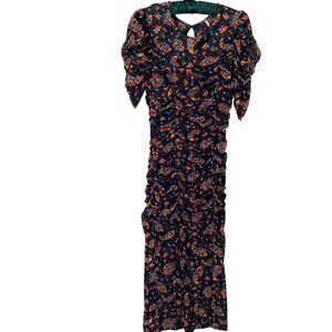 Free People Ruched Mesh Midi Dress Black Floral Slit Small